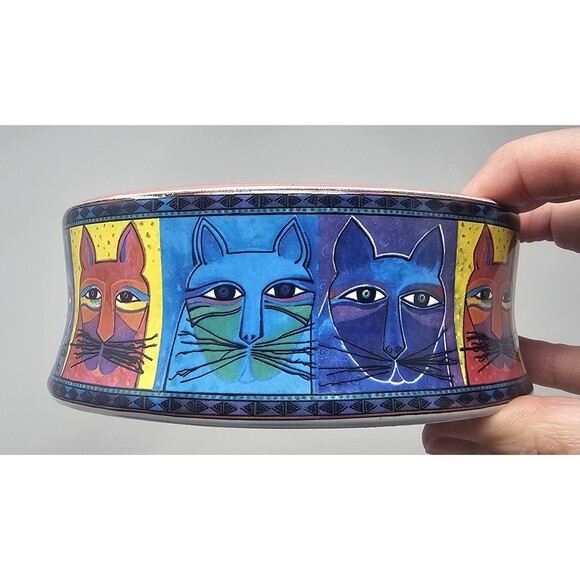 Vtg Laurel Burch Ceramic Cat Food Water Bowl Colorful Whimsical Cat Design 5-1/4 - Picture 2 of 13